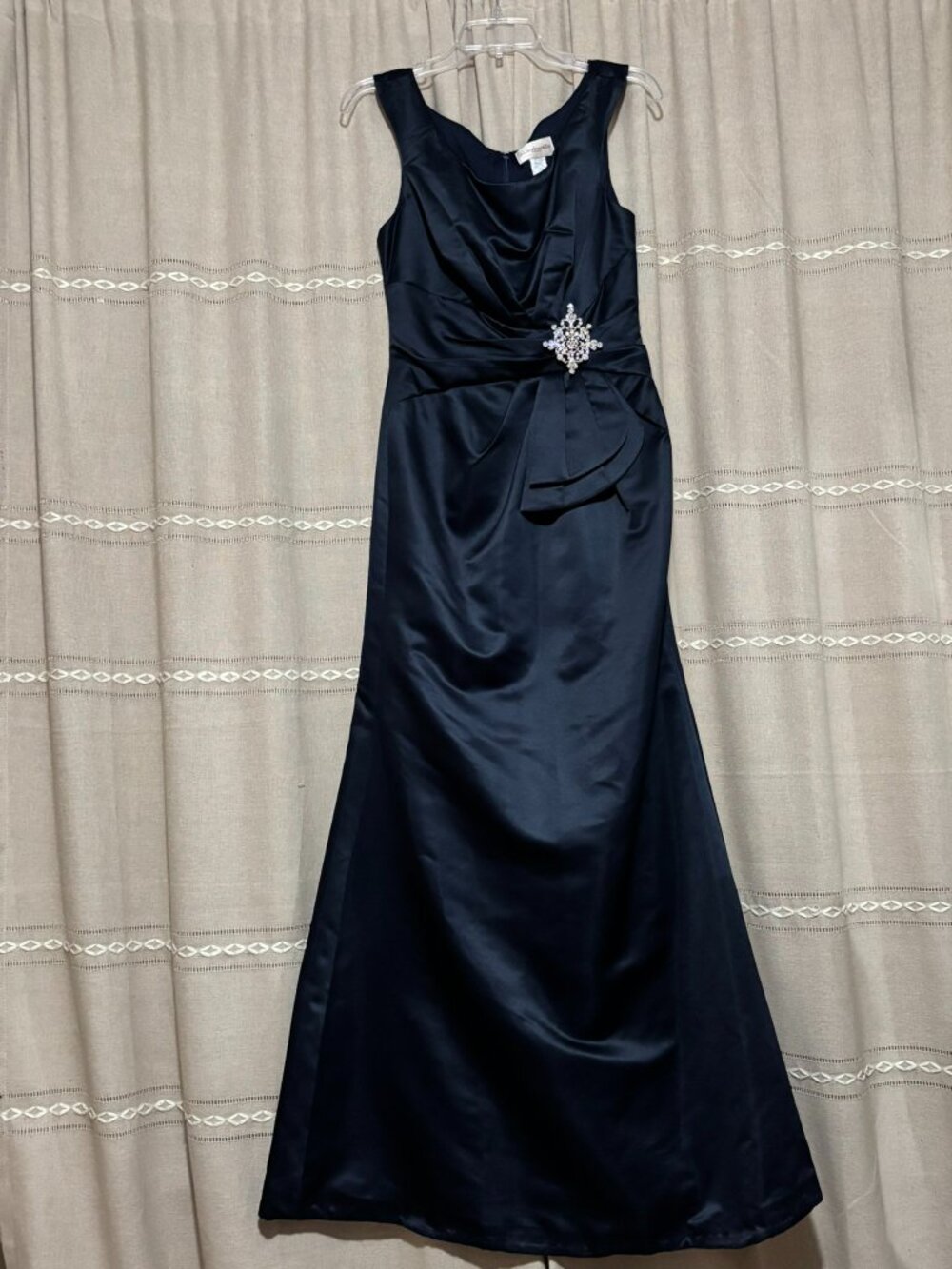 Cinderella Divine Navy Blue Satin Evening Gown Dress XS Rhinestone Brooch